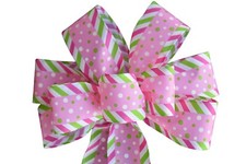 Spring Wired Wreath Bow - 10" across- Handmade - Pink Green Easter Dots Stripe