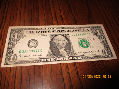 2013 $1   BINARY RADAR NOTE 3's & 9's SERIAL NUMBER 39993993  FED. RESERVE NOTE