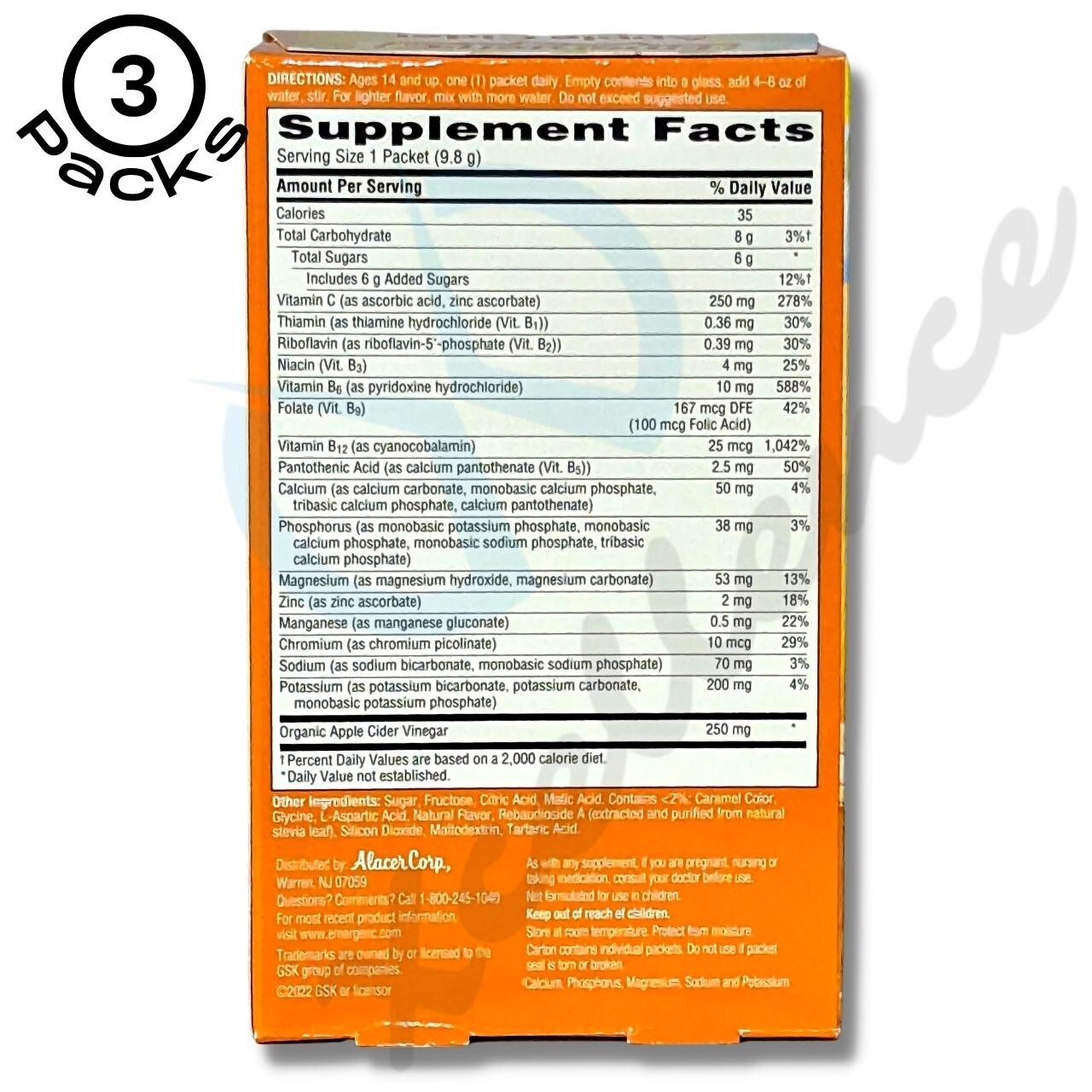 3 EmergenC Apple Cider Vinegar, Flavored Fizzy Drink, Dietary