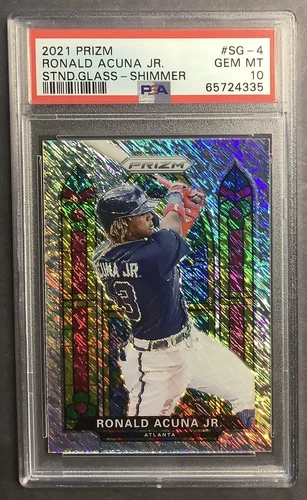 2021 panini prizm #SG4 ronald acuna jr.; white shimmer 1/7 stained glass PSA 10