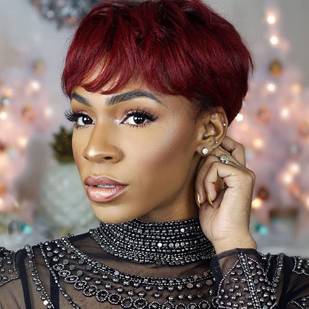 Burgundy Red 99J Red Wigs Pixie Cut Indian 100% Human Hair  display picture 3