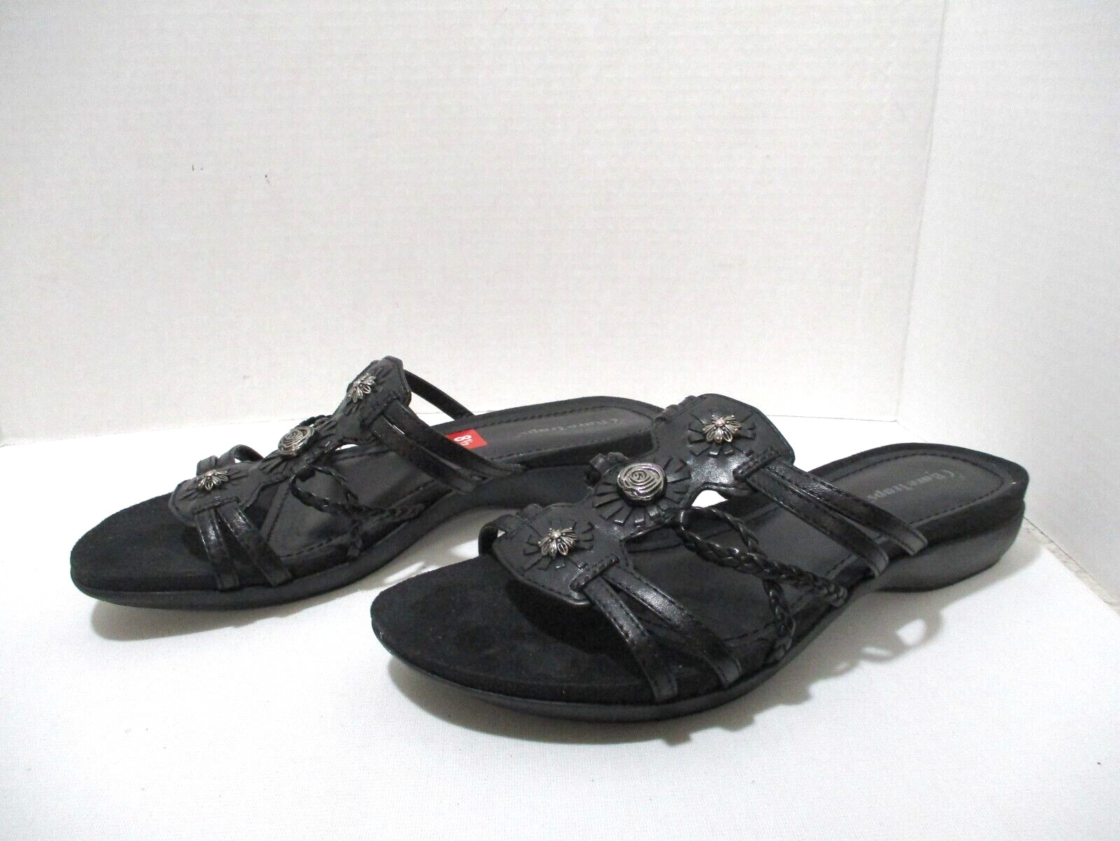 BareTraps Sandals Womens 8.5 Mandy Black Slide In Leather Embellished Comfort