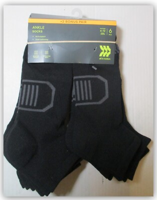 8pr ANKLE socks All In Motion BLACK Arch Support Zone Cushioned Wicking