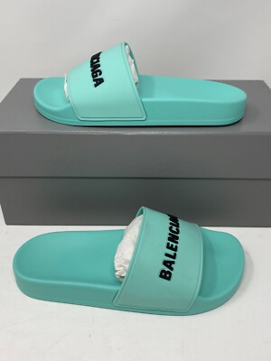 $375 Women's Balenciaga Logo Pool Slides Flat Sandals Slippers Mint US 5 35  EU | eBay