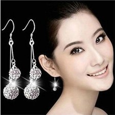 925 Sterling Silver 8mm/6mm Crystal Disco Ball Dangle Drop Earrings Gift Box B17