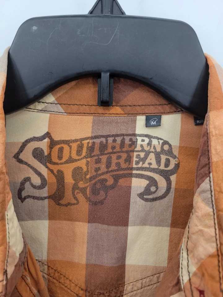 Southern Thread Shirt Mens Medium Brown Plaid Western Cowboy Pockets Button Up - Image 4 of 4