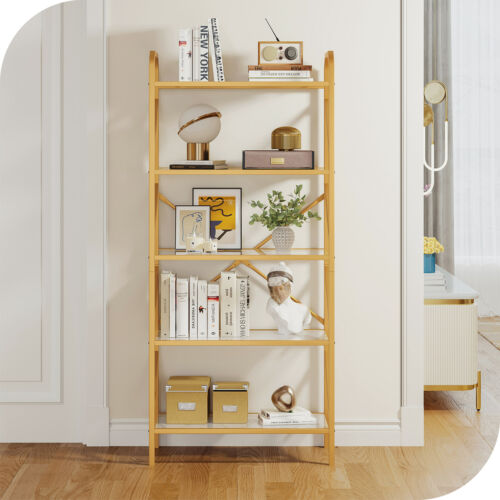 5 Shelf Gold Bookcase Bookshelf with Tempered Glass Shelves Storage Display Rack - Picture 2 of 10