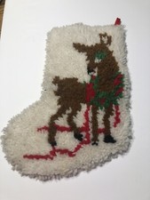 Vintage Christmas Reindeer Stocking Latch Hook Rug Wall Decor 80s 70s 11 x 15