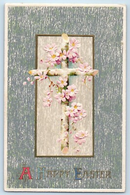 Easter Holy Cross With Pink Flowers Winsch Back Embossed Antique Postcard