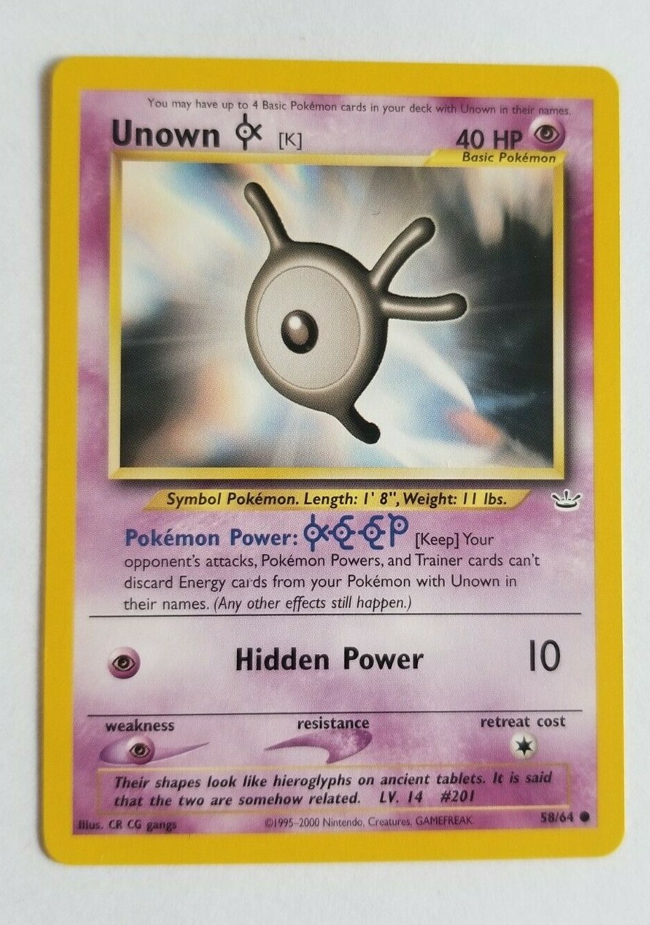 UNOWN K 58/64 Neo Revelation Common Unlimited WOTC Pokemon Card Near Mint