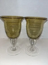 LARGE PEDESTAL BLOWN ART GLASS AMBER/GOLD WITH BUBBLES MULTI USE Water  Wine