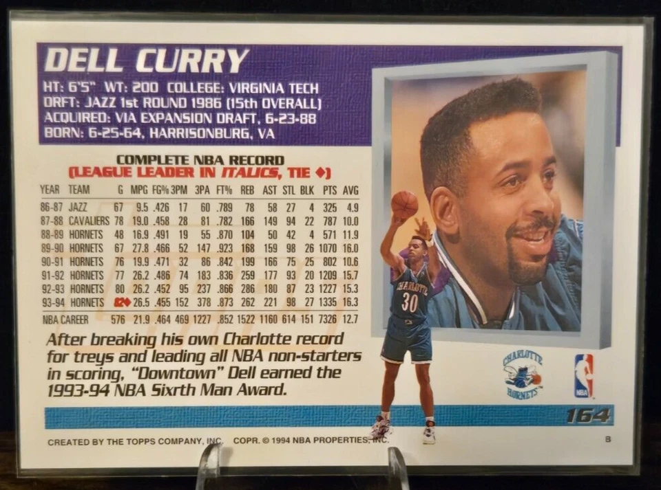 Tarjeta Topps - 1994 - Dell Curry - #164 Charlotte Hornets Foto 2 de 2