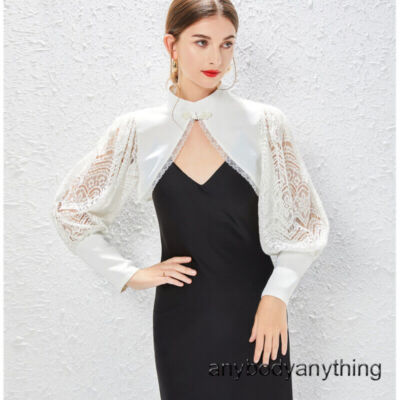 Ladies Long Puff Sleeve Shrug Cardigan Hollowed Out Lace Crop