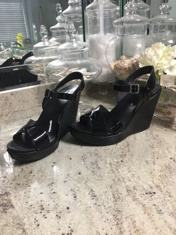 Kork Ease Myrna Black Patent Leather Cork High Wedge Sandals Sz 10
