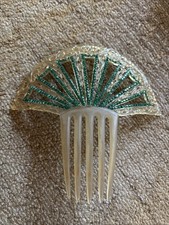 Vintage Art Deco Nouveau Spanish Hair Comb Peineta Green Rhinestones Large 6.5