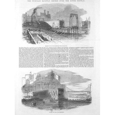 Bau einer Röhrenbahnbrücke über den Fluss Conway 2x antike Drucke 1848