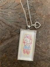 Retro Pink Hello Kitty Silver Rectangle Pendant W/ Heart Charm Chain Necklace