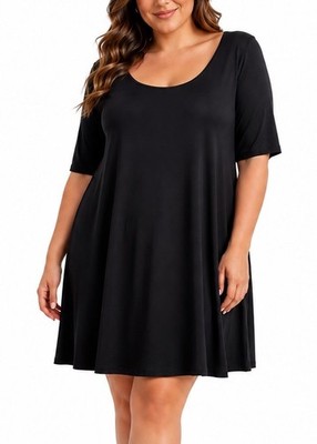 Eileen Fisher Black Knit Dress A Line Mini Stretch Elbow Sleeve Casual XL EUC