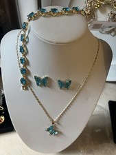 Gold Tone Blue Butterfly Crystal Jewelry Set Necklace Earrings  Bracelet