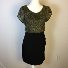 EnFocus Studio Sheath Dress Size 6 Womans Black Gold Silver Short Sleeve Stretch