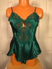 Victoria  s Secret VINTAGE Gold Label Teddy Satin Romper Emerald Green Satin Sz S