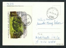 Austria 1987 6s Year of Trees Souvenir Sheet, unusual commercial use on Postcard