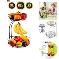 Iron 2-Tier Countertop Fruit Vegetables Basket Bowl Storage With Banana Hange...