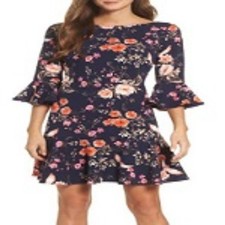 Eliza J. Navy Blue Orange Floral Bell Sleeve Flounce Dress Size 14