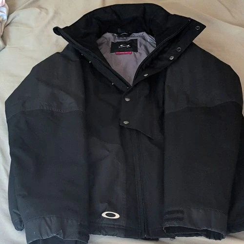 Oakley Mens Black Windbreaker Jacket Full Zip Snap Front Stand-Up Collar L - product listing photo