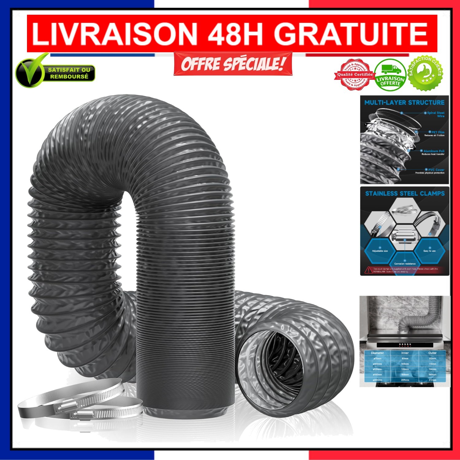 Gaine alu 100mm pour hotte de cuisine conduit flexible PVC 5m évacuation sèche-linge