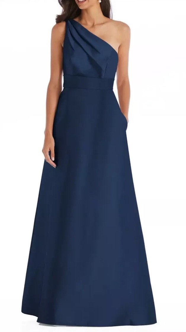 alfred sung midnight blue dress One-Shoulder A-Line Gown $239 NWT D815S Size 4 Flavor:Vanilla Cake w/ Bavarian Cream & Strawberry Puree