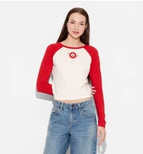 Modern Lux Graphic Tee Shirt Women’s Small White & Red Long Sleeve 3 Ball Stars