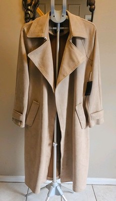Bagatelle Collection Trench Duster Coat Womens L Tan Long Waterfall Open Front