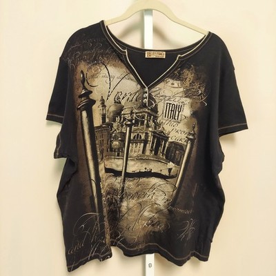 Blue Canyon Woman Venice Italy Graphic Tee Black Rhinestone V-Neck Top 2X Grunge