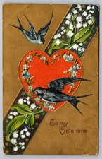 To My Valentine Floral Birds Embossed c1910 Greetings Vintage Postcard