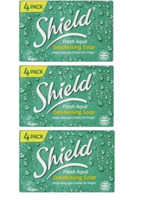 12 Bars SHIELD Fresh Aqua Deodorising Soap Vegan Clean 12 bars x 115g (3 Packs)