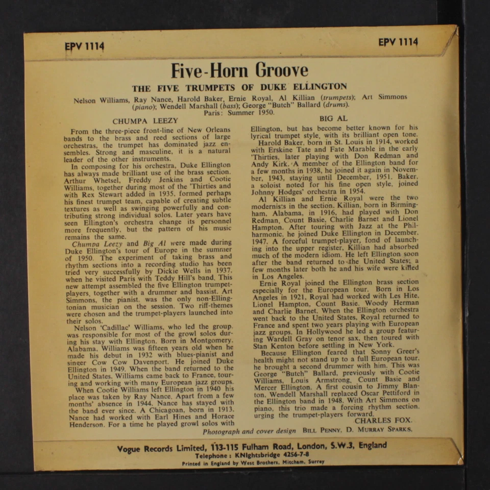DUKE ELLINGTON: 5 horn groove VOGUE 7" Single 45 RPM - Image 2 of 4