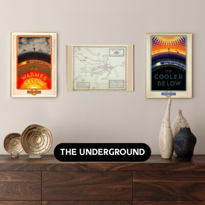 3er Set Great London Underground ''Cooler Below'' Prints & Map Vintage - Retro