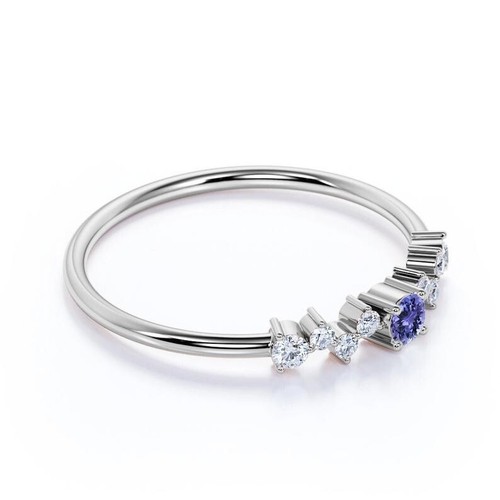 Gift For Her 14k White Gold Natural Tanzanite Diamond Dainty Band Wedding Ring - Picture 4 of 5