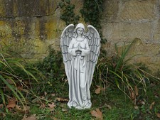 Engel Figur Aus Steinguss Mit Vogel – Höhe 44 Cm, 10 Kg, Frostsicher Für Den Garten, Grau
