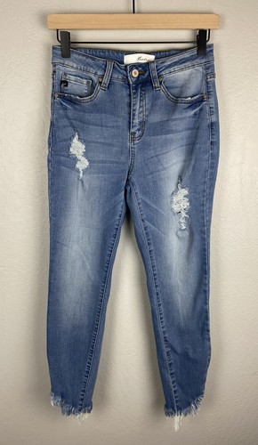 Kancan Skinny Jeans Mediados subida de tobillo mujer Deshilachado Azul Denim Pantalones Talla 7/27 | eBay
