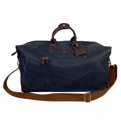 Bric's Life Cargo 22'' Blue Brown Duffle Bag PVC w/ Leather Trim Shoulder Strap