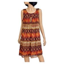 Vintage 90s Geometric Chiffon Pleated Shift Dress 12 Boho