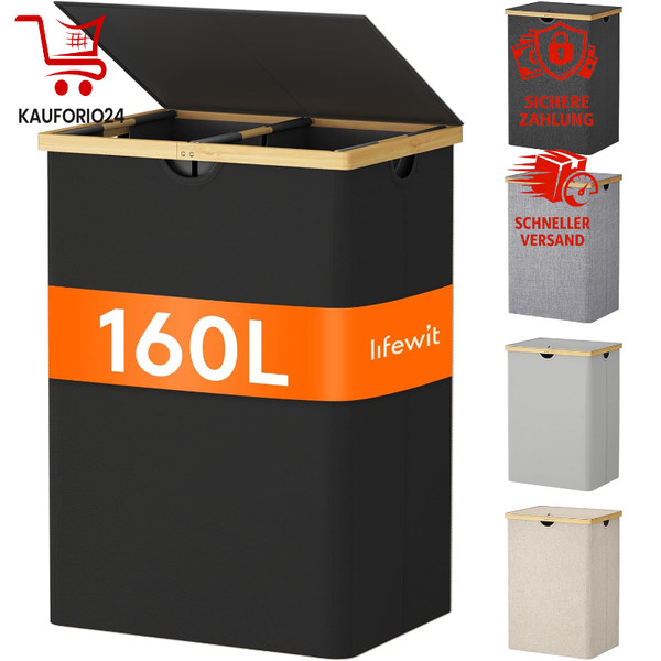 WäSchekorb Faltbar 160L Dunkelschwarz 2 FäCher WäSchesammler Mit Deckel-image