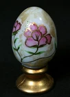 Vintage Fenton LE Hand-Painted Signed Art Glass Egg Pink Flower On Gold Pedestal