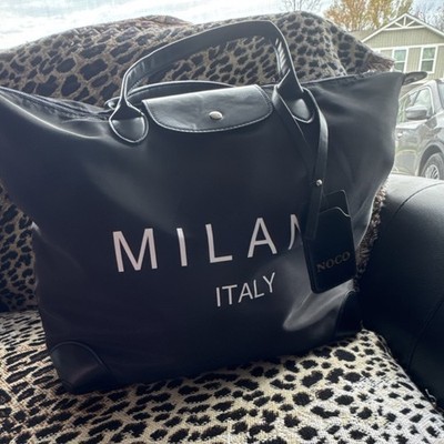NOCO Black Tote Bag, Logo Pattern, Top Handle, Snap Closure, Silver Hardware