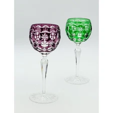 2 Ajka Moon & Stars Cut to Clear Crystal Wine Glasses Emerald & Amethyst Rare