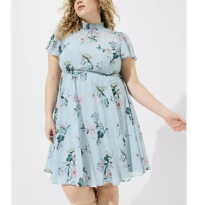 NWT Torrid Blue Floral Chiffon Smocked Mock Neck Flutter Sleeve Dress Size 4X