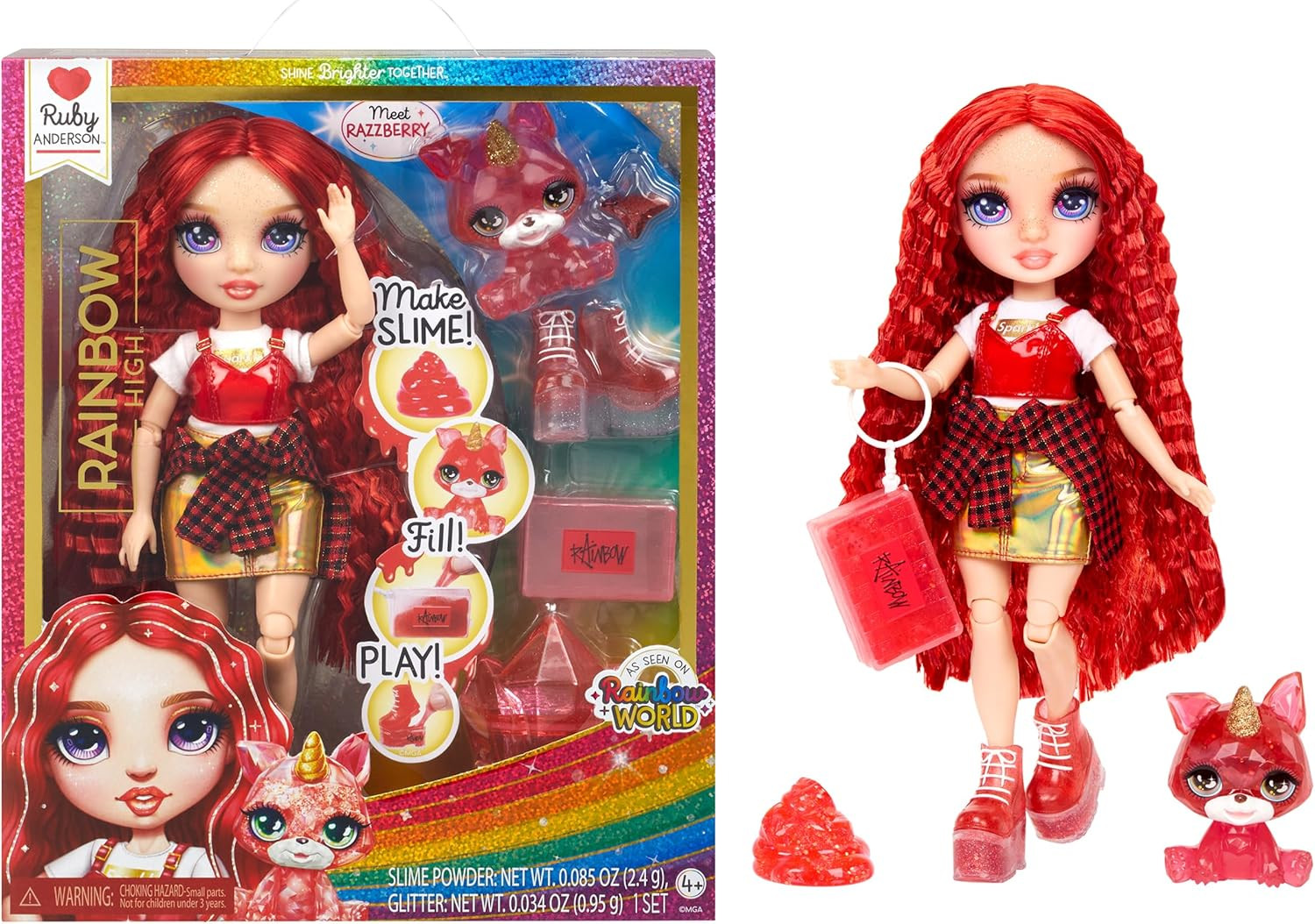 Rainbow High Ruby, Red with Slime Kit & Pet, 11