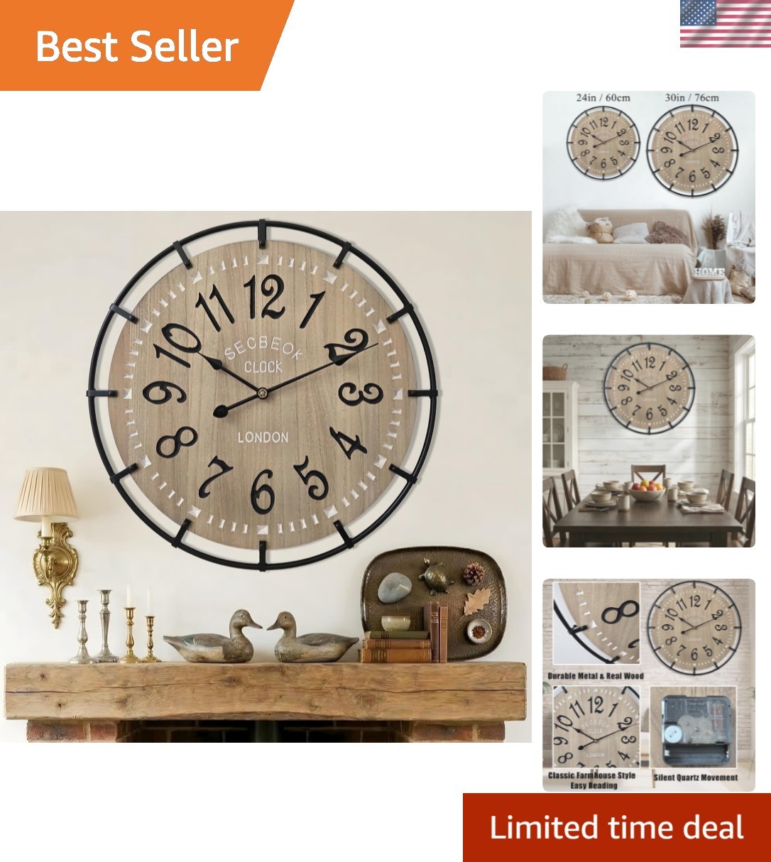 24 Inch Large Farmhouse Wall Clock, Metal Rustic Wood with Silent Quartz Move...